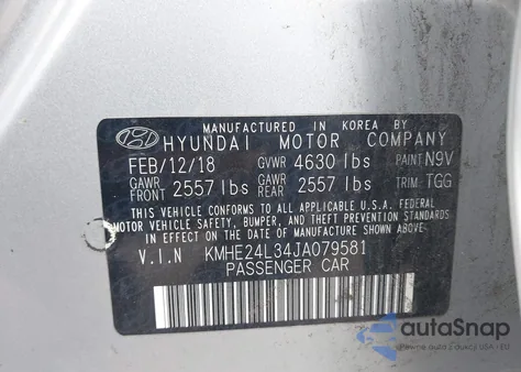 2018 Hyundai Sonata Hybrid z USA, uszkodzony, nr VIN KMHE24L34JA079581